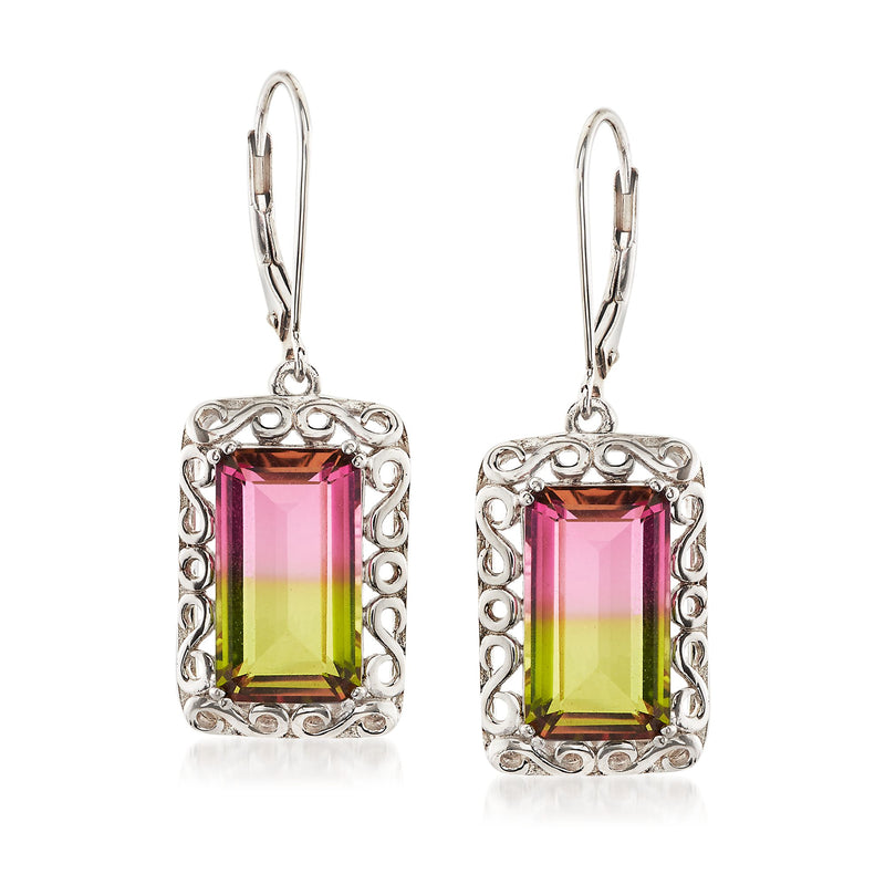 Sterling silver leverback drop earrings with rectangular watermelon quartz triplet centerpiece.