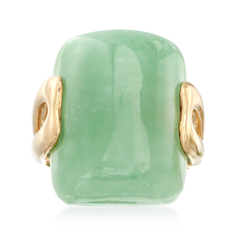 Rectangular green jade ring in 14kt yellow gold with rounded open sides