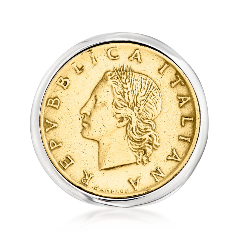 Sterling silver coin ring with gold-colored 20 Lira face design and raised rim