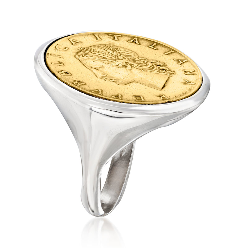 Sterling silver coin ring with gold-colored obverse coin, angled top view