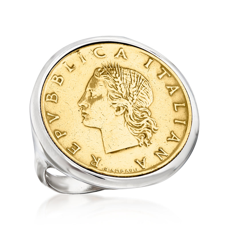 Sterling silver coin ring with gold-colored 20 Lira coin and profile portrait