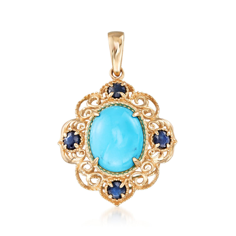 Sleeping Beauty turquoise oval pendant with blue sapphire accents in 14kt yellow gold filigree
