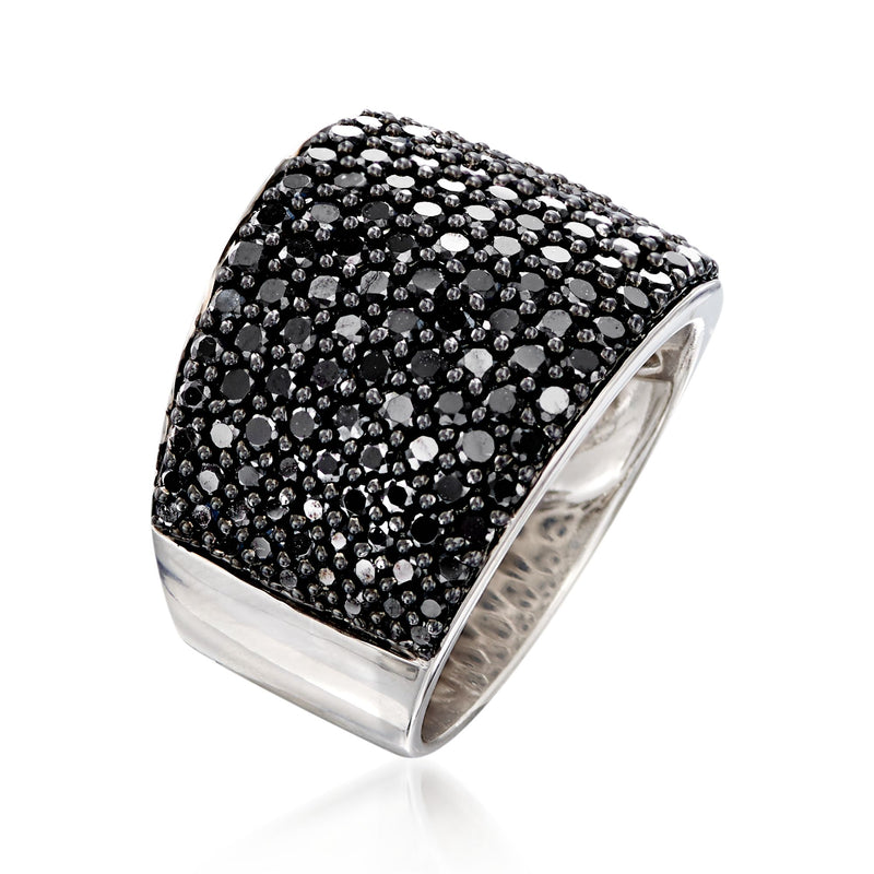 Pave black spinel ring in sterling silver with wide domed band