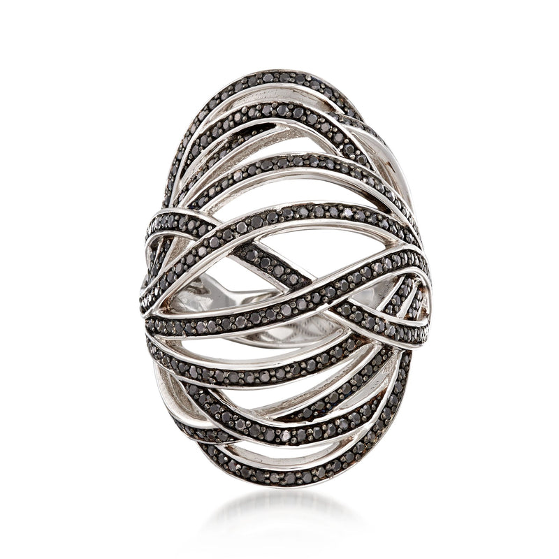 Black spinel open crisscross bombe ring in sterling silver
