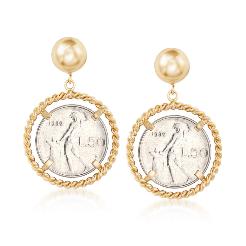 18kt gold over sterling coin drop earrings with L5 medallion in gold frame