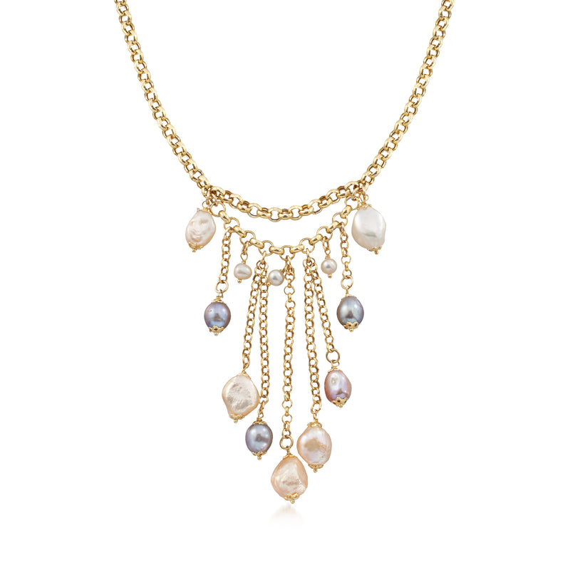 18kt gold over sterling pearl tassel necklace with multicolored cultured pearls