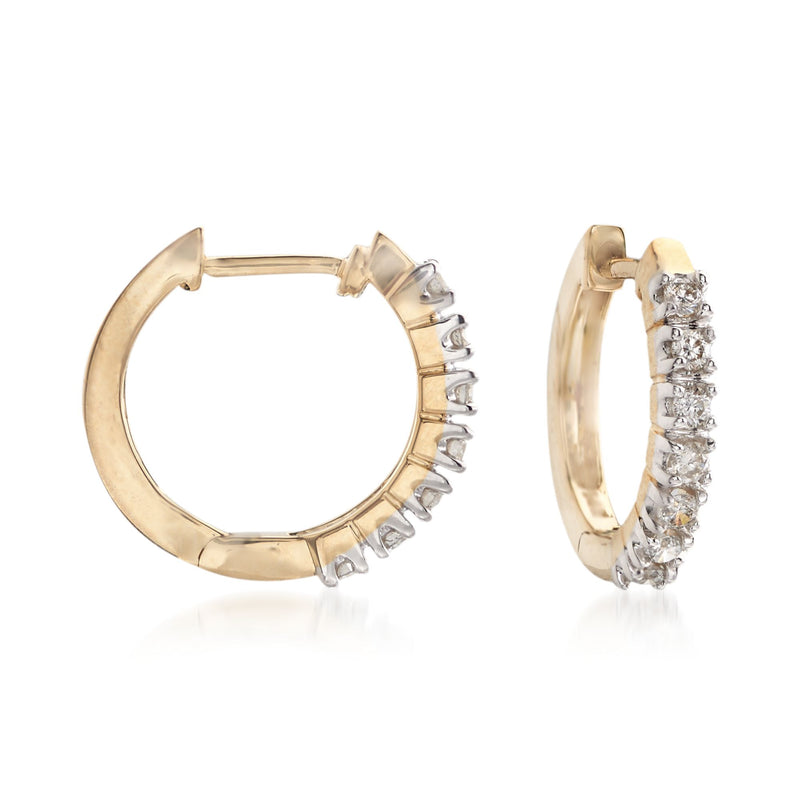 14kt yellow gold diamond huggie hoop earrings, front and side views