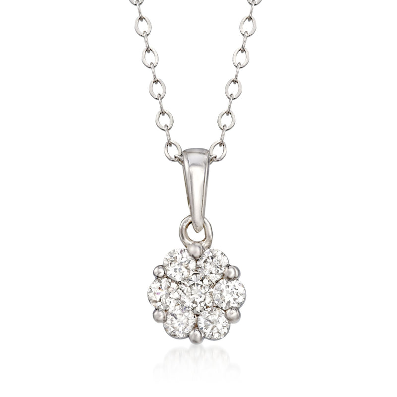 14kt white gold diamond floral cluster pendant necklace with round stones