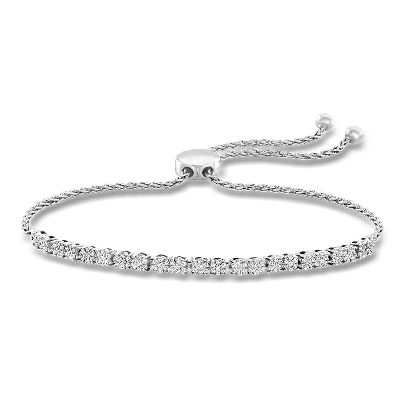 Sterling silver diamond cluster bolo bracelet with adjustable chain