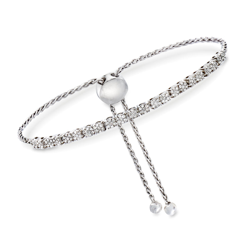 Diamond cluster bolo bracelet in sterling silver, adjustable with chain ends