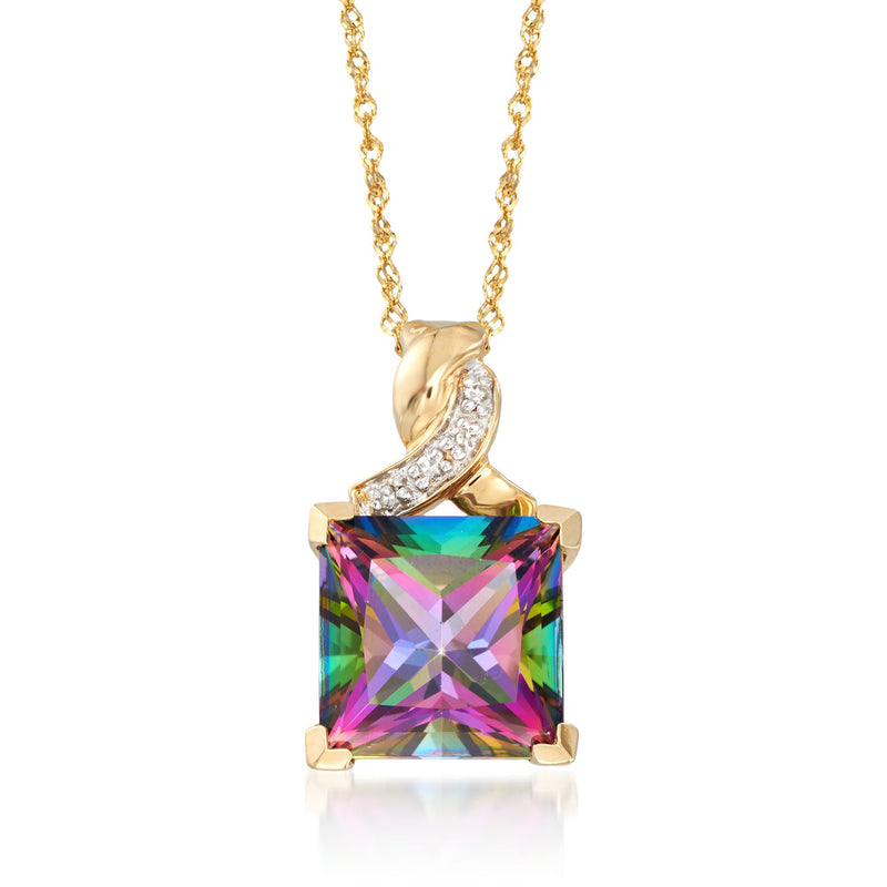 14kt yellow gold pendant necklace with rainbow mystic topaz and diamond accents