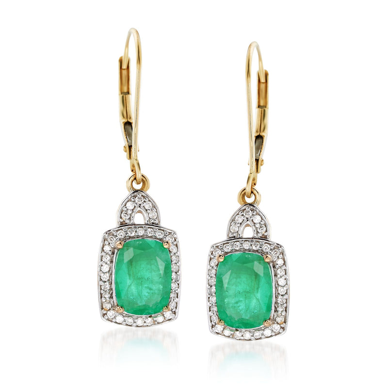 14kt yellow gold leverback drop earrings with green emerald square and diamond halo
