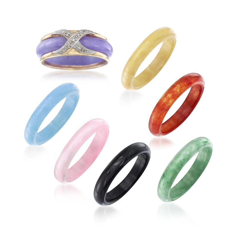 Multicolored jade ring set with diamond-accented centerpiece and colored bands