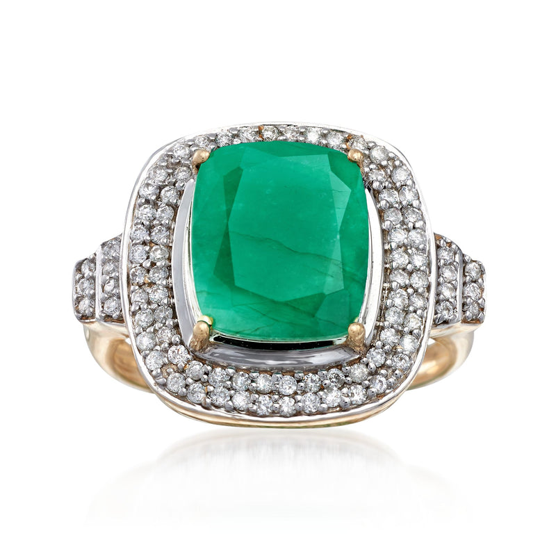 Emerald and diamond ring in 14kt yellow gold with a large cushion-cut green center stone