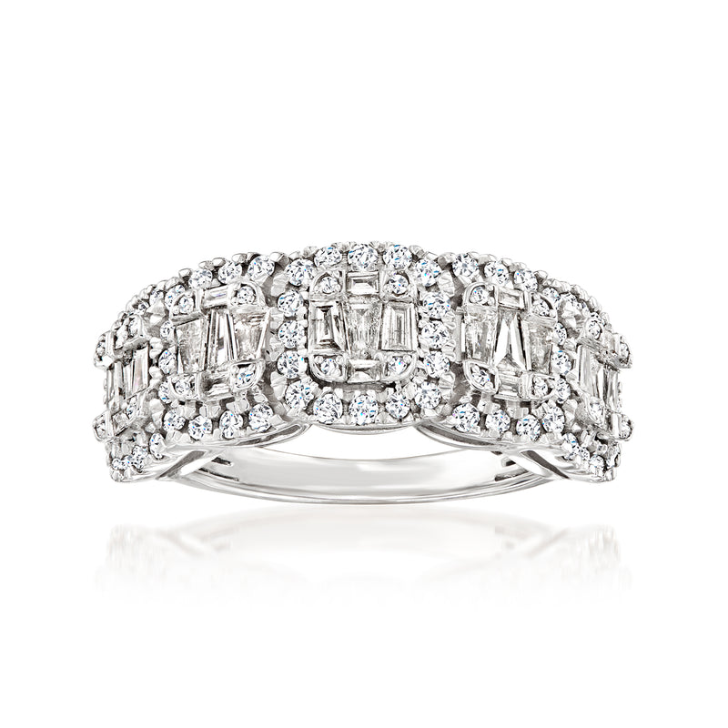 Sterling silver diamond ring with round center and baguette side stones