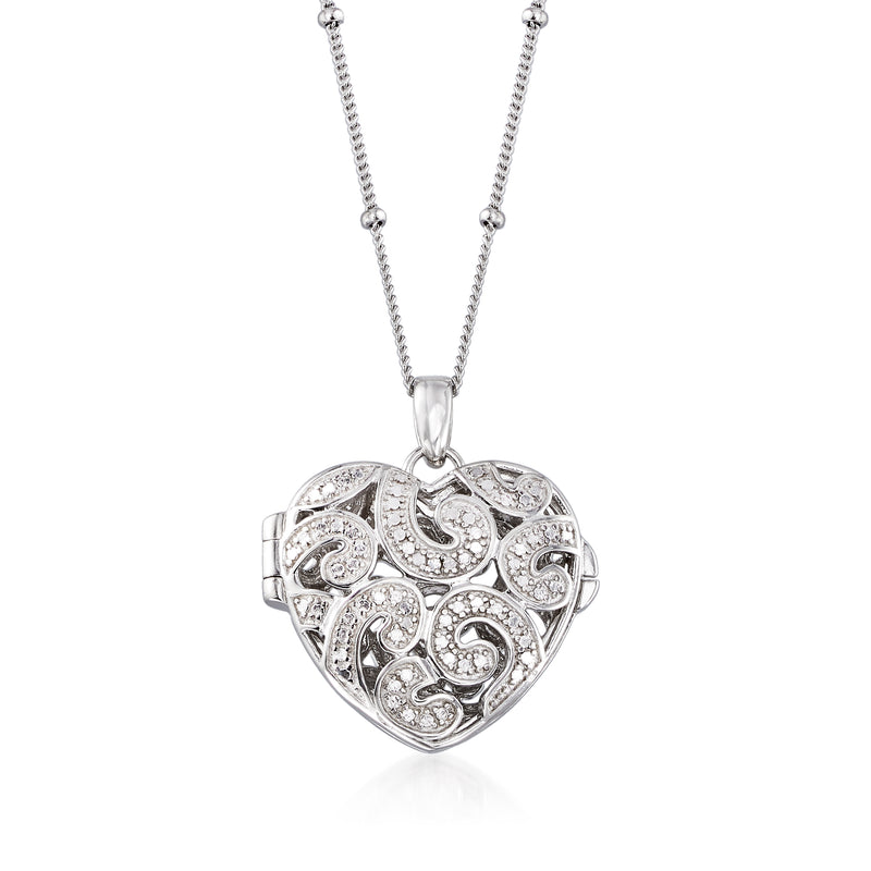 Sterling silver heart locket necklace with diamond accents and hinged cover