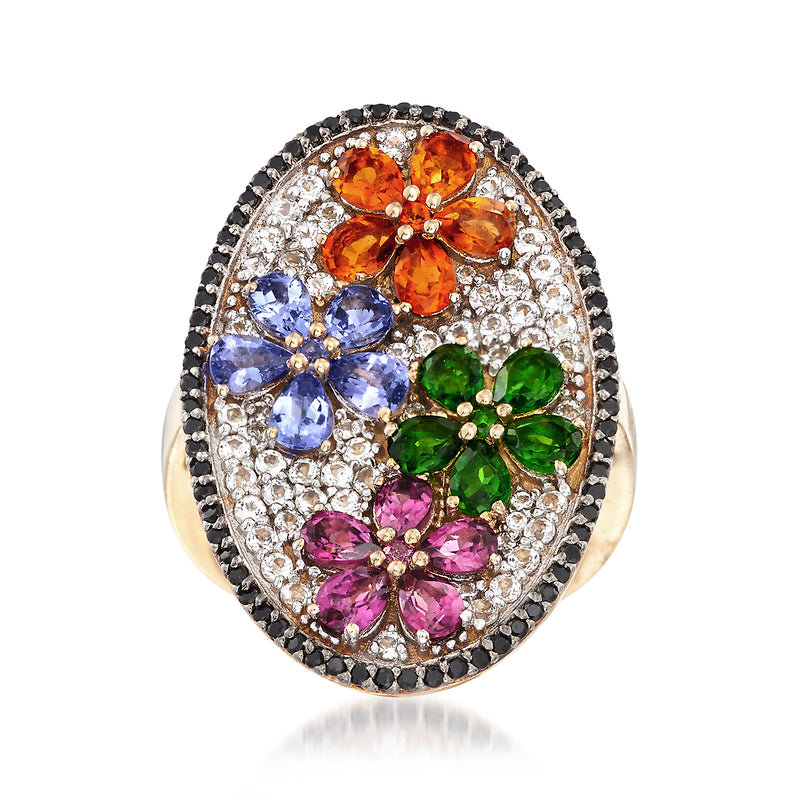 Oval floral multi-gem ring in gold over sterling with orange, blue, green, pink stones