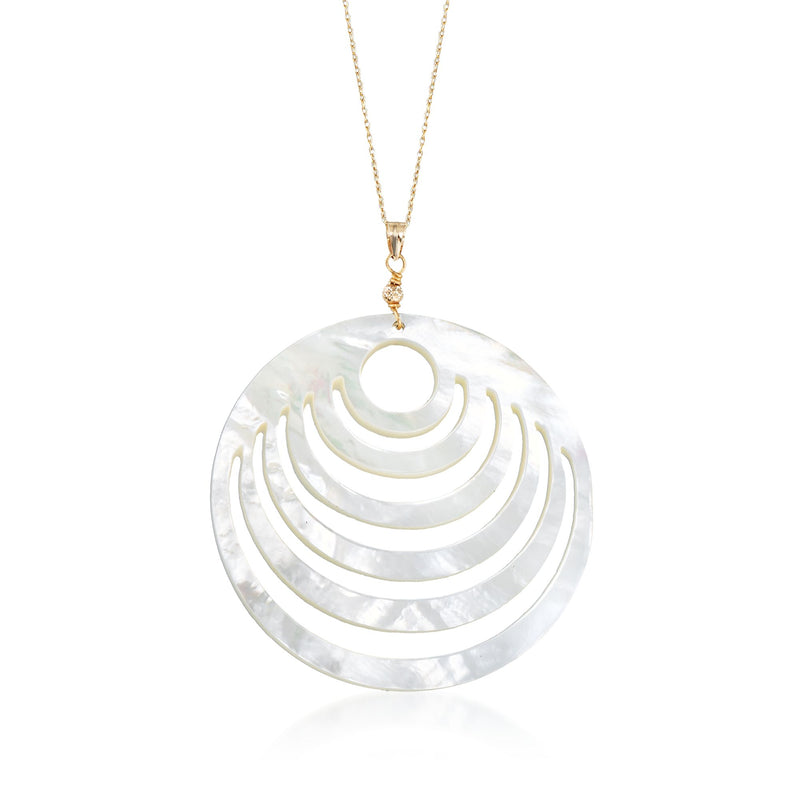 Mother-of-pearl pendant necklace with carved round pendant and 14kt yellow gold chain