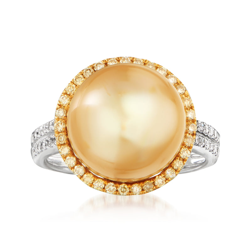 Champagne South Sea pearl ring with yellow diamond halo and two-tone metal band