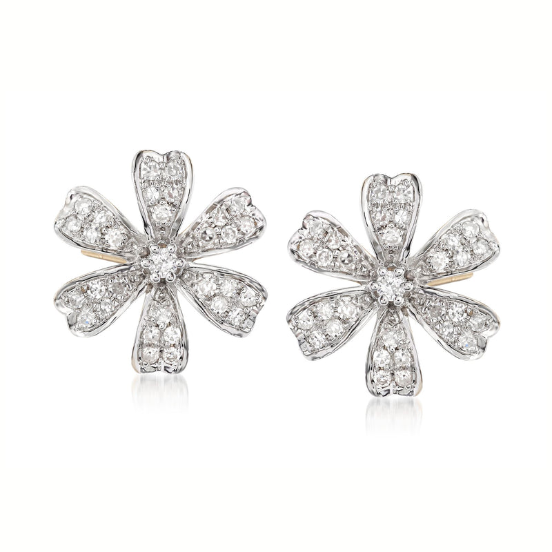 Diamond flower stud earrings with six-petal design of round-cut stones, post backs