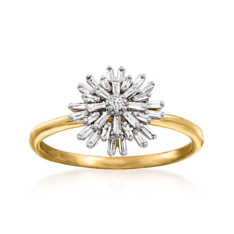 14kt yellow gold diamond starburst ring with baguette-style stones, top view