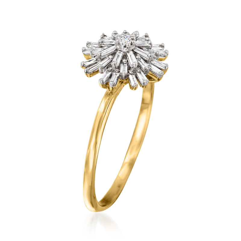 14kt yellow gold diamond starburst ring with baguette-style stones, side view