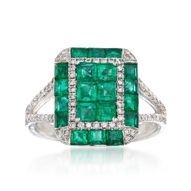 Emerald-cut green gemstone and diamond halo ring in white gold, square center with side stones
