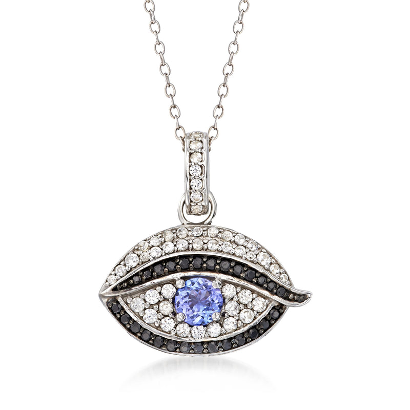 Sterling silver evil eye pendant necklace with blue center zircon and black spinel border