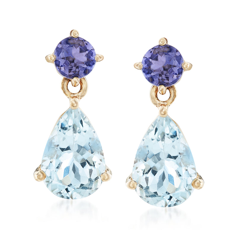 14kt yellow gold drop earrings with round tanzanite and pear aquamarine gemstones