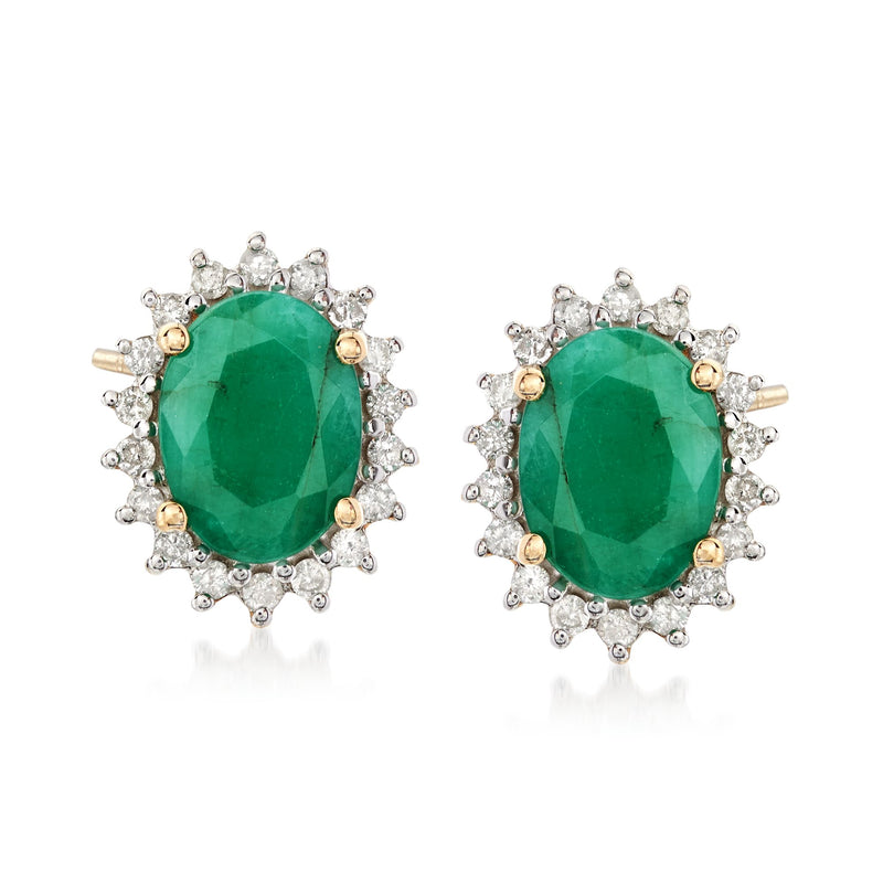Emerald and diamond stud earrings in 14kt yellow gold, green oval center with halo