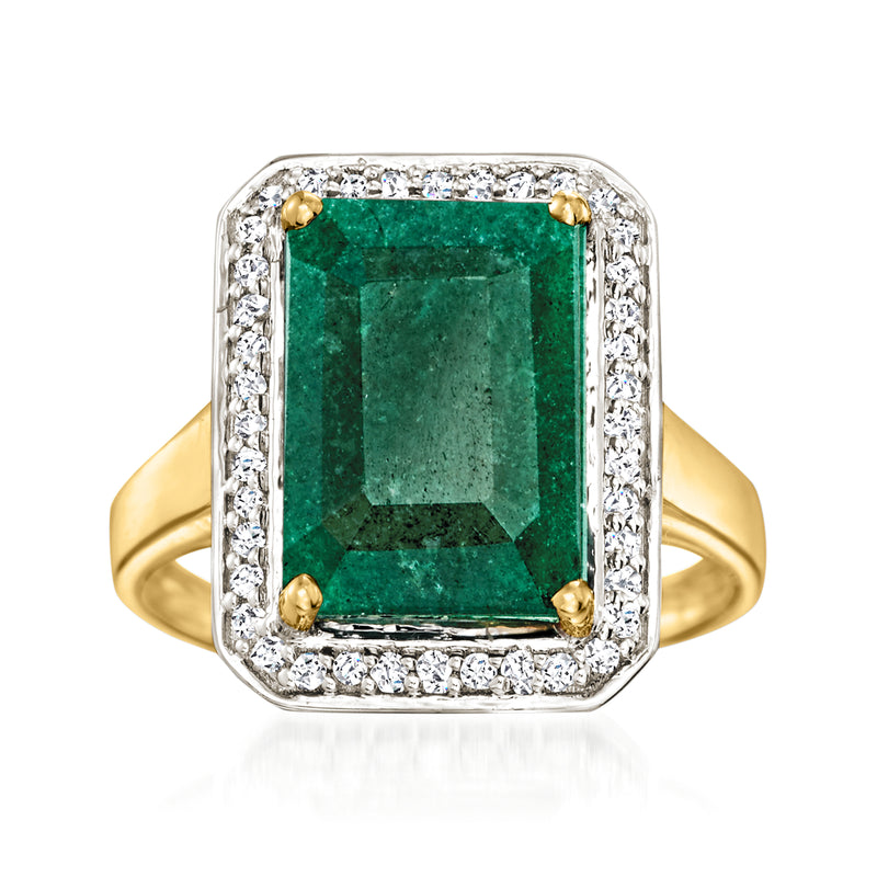 Emerald-cut green gemstone ring with diamond halo, 14k yellow gold setting