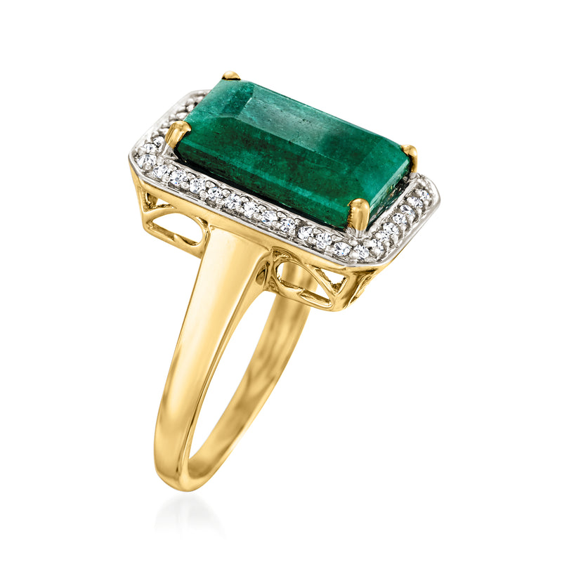 Emerald-cut green gemstone ring with diamond side halo, 14k yellow gold