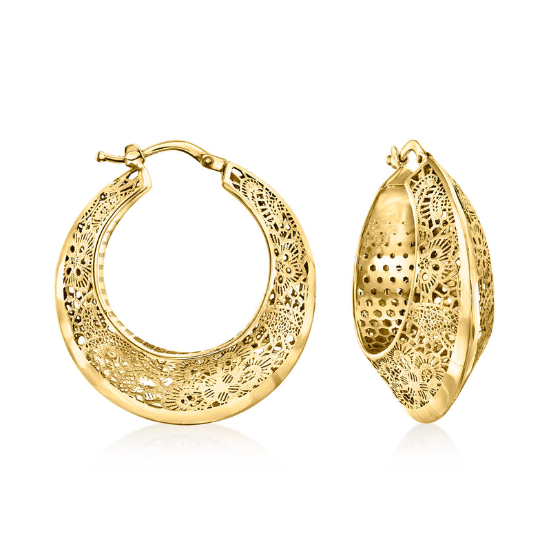14kt yellow gold hoop earrings with floral filigree cutouts, hinged closure