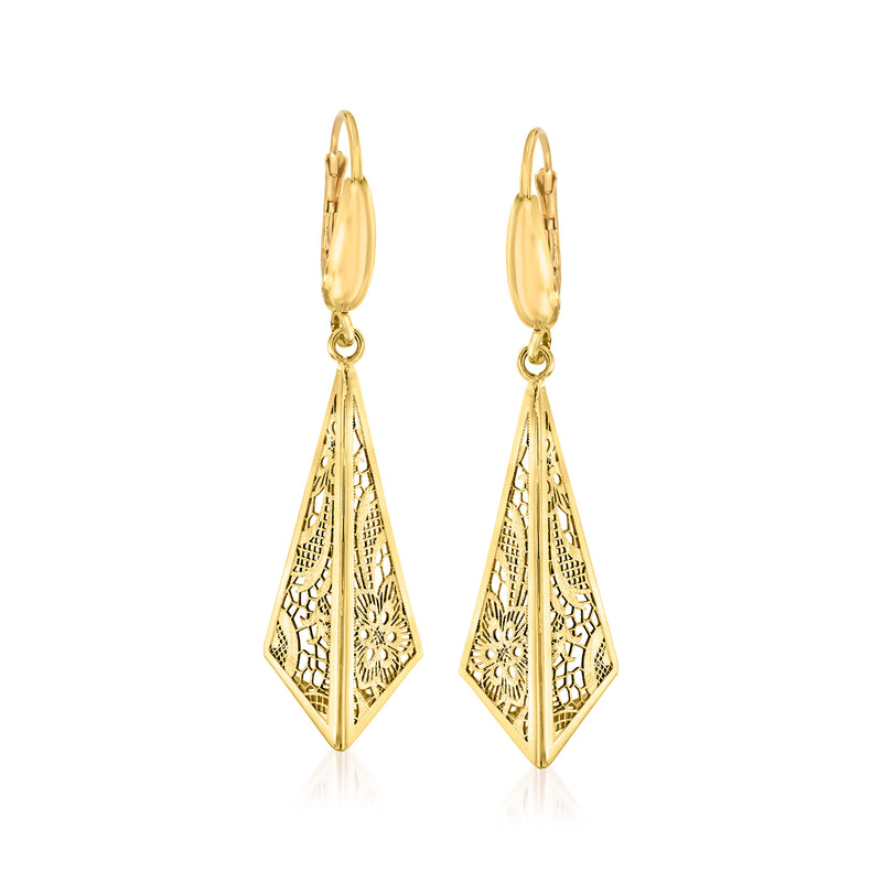 14kt yellow gold lace triangle drop earrings with leverback closures