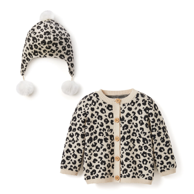 Leopard print baby cardigan and hat set, button-front knit cardigan with pom-pom beanie