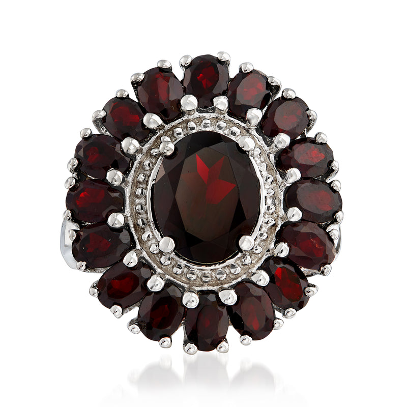 Sterling silver oval garnet ring with dark red gemstones halo setting