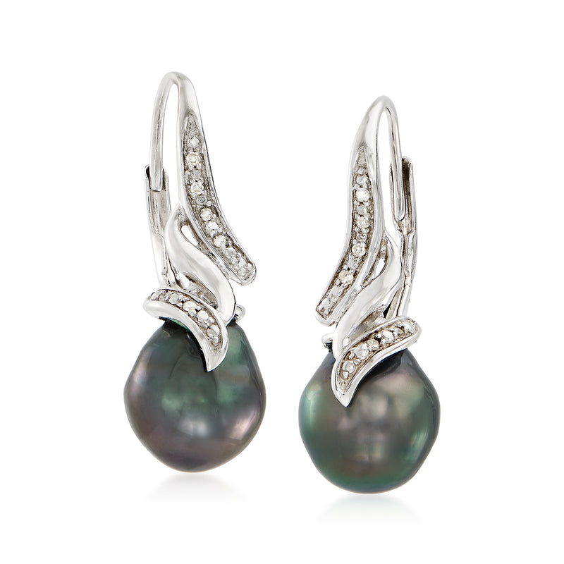 Sterling silver leverback pearl drop earrings with black Tahitian pearls and diamond accents