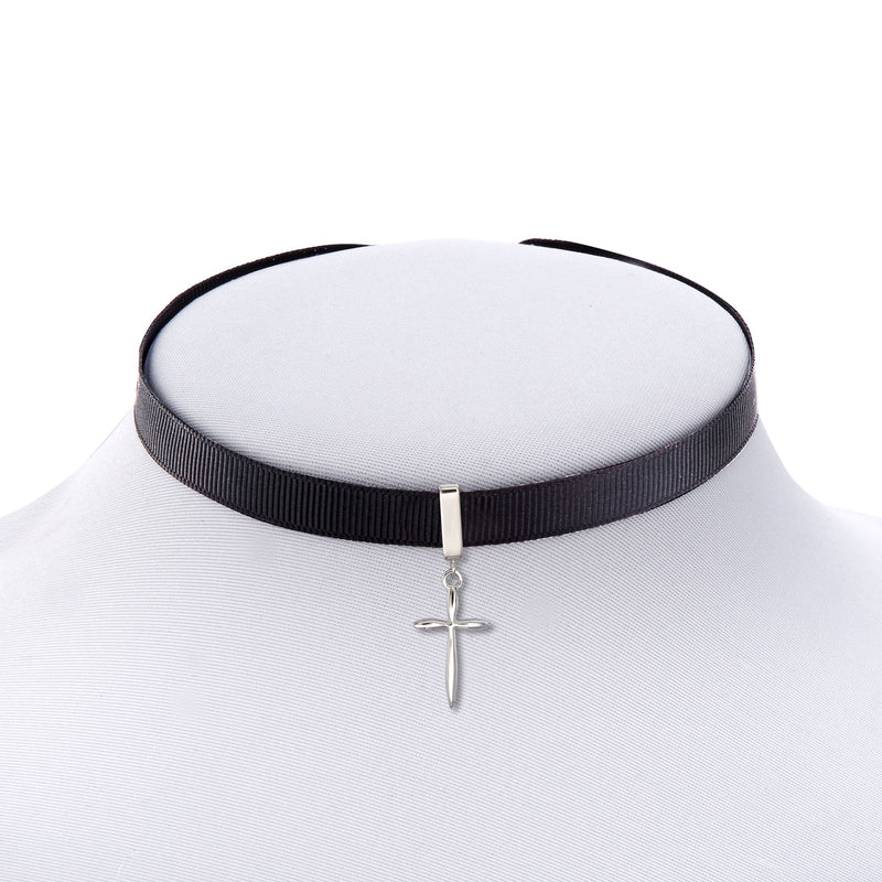 Black ribbon choker necklace with sterling silver cross charm