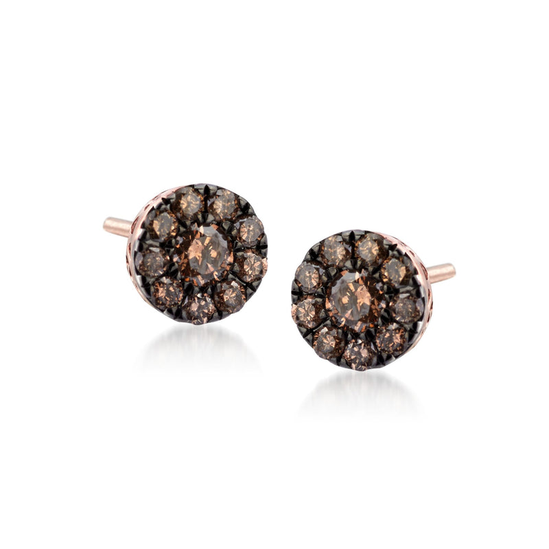 Round champagne diamond stud earrings with rose-gold posts and clustered sparkle.