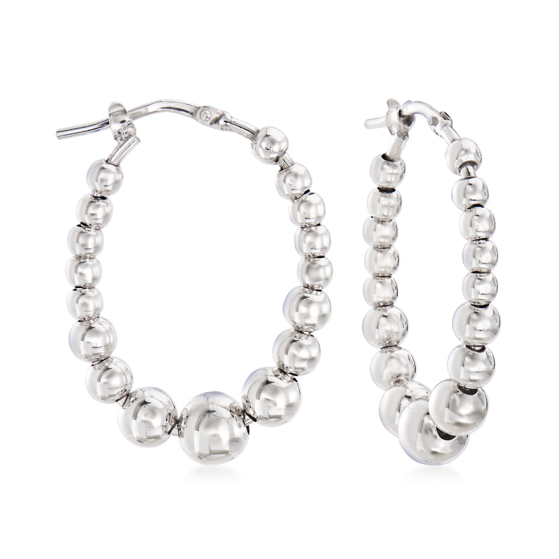 Sterling silver bead oval hoop earrings, round bead links and clasped hoop