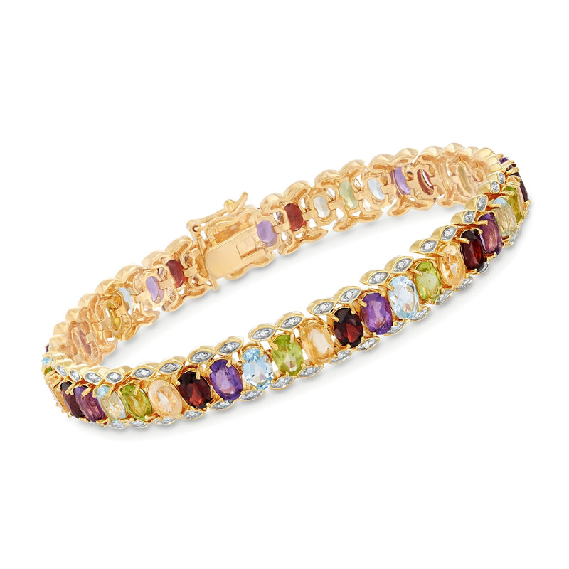 Two-tone sterling silver bracelet with multicolor oval stones and diamond accents