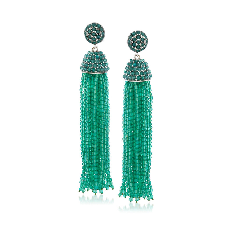 Green beaded tassel drop earrings with sterling silver round tops