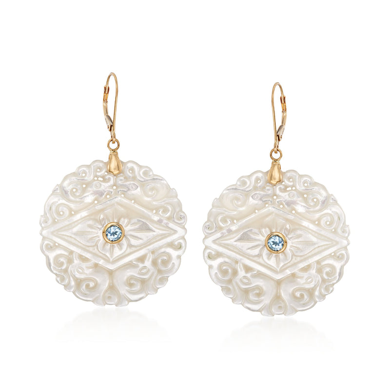 Carved mother-of-pearl drop earrings with blue topaz center, leverback, 14kt yellow gold