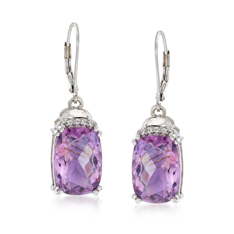 Sterling silver leverback earrings with purple amethyst cushion stones and white topaz halo