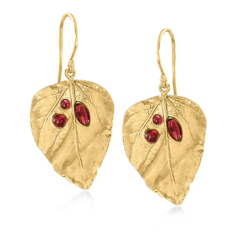 Gold leaf drop earrings with red garnet cabochon teardrops on earwire.