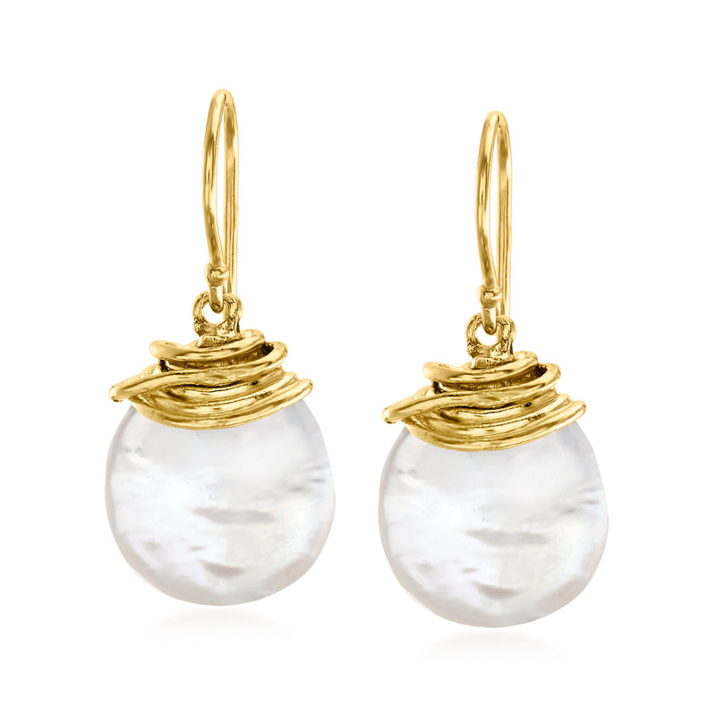 Gold coin pearl drop earrings with ridged cap and earwire, white luster