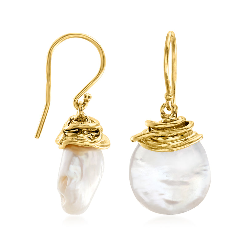 Gold coin pearl drop earrings with earwire hooks and ridged top, white pearl