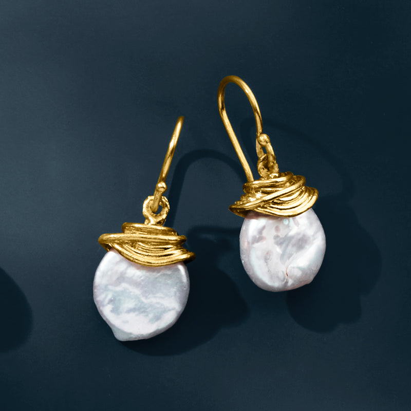 Gold coin pearl drop earrings with ridged tops and white baroque coin pearls