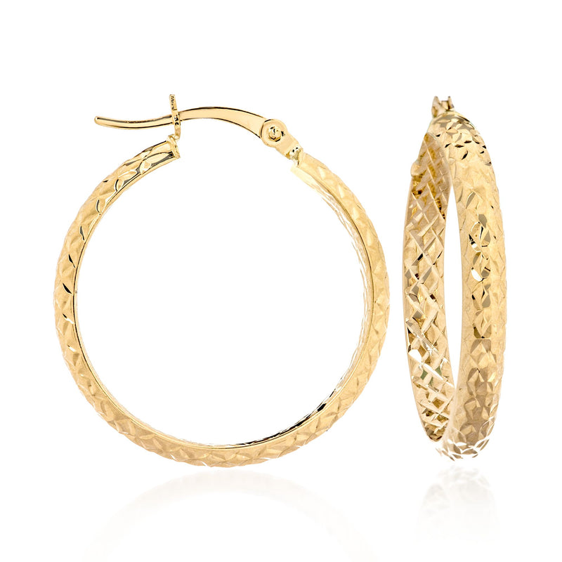 14kt yellow gold quilted hoop earrings with textured diamond pattern hoops