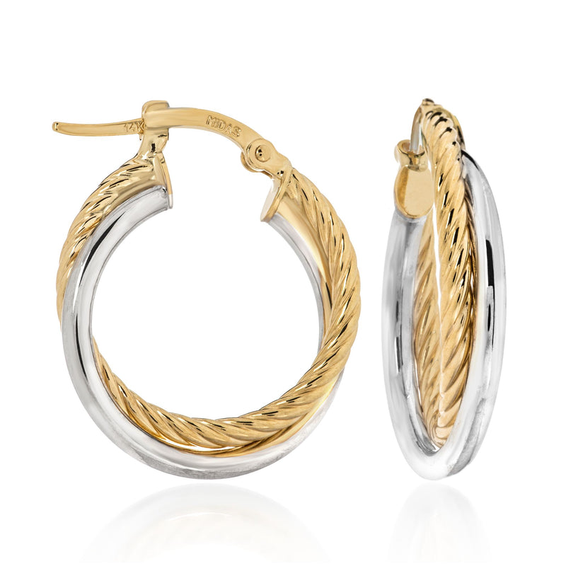 Two-tone 14kt gold rope and polished crisscross hoop earrings, oval hinged